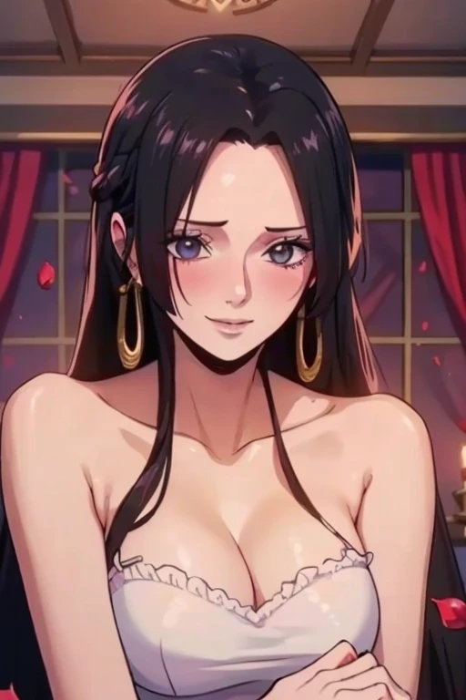 best quality, masterpiece, highly detailed,1girl, ((rose)), (vine), cage, bandage, red rope, (detail light), falling rose petals, Boa Hancock, , (masterpiece:1.5), Detailed Photo, Smiling, Sexy, (8K, Best Quality: 1.4), (1girl), Beautiful Face, (anime realistic Face), (Black Hair, long Hair: 1.3), Beautiful Hairstyle, Realistic eyes, beautiful detail eyes, (white skin), beautiful skin, absurd, attractive, ultra high resolution, ultra realistic, high definition, golden ratio, (sexually aroused:1.5), Pinkish white skin, cool white light, sexy pose, Beautiful , white background, pink soft white light, Wear a white dress