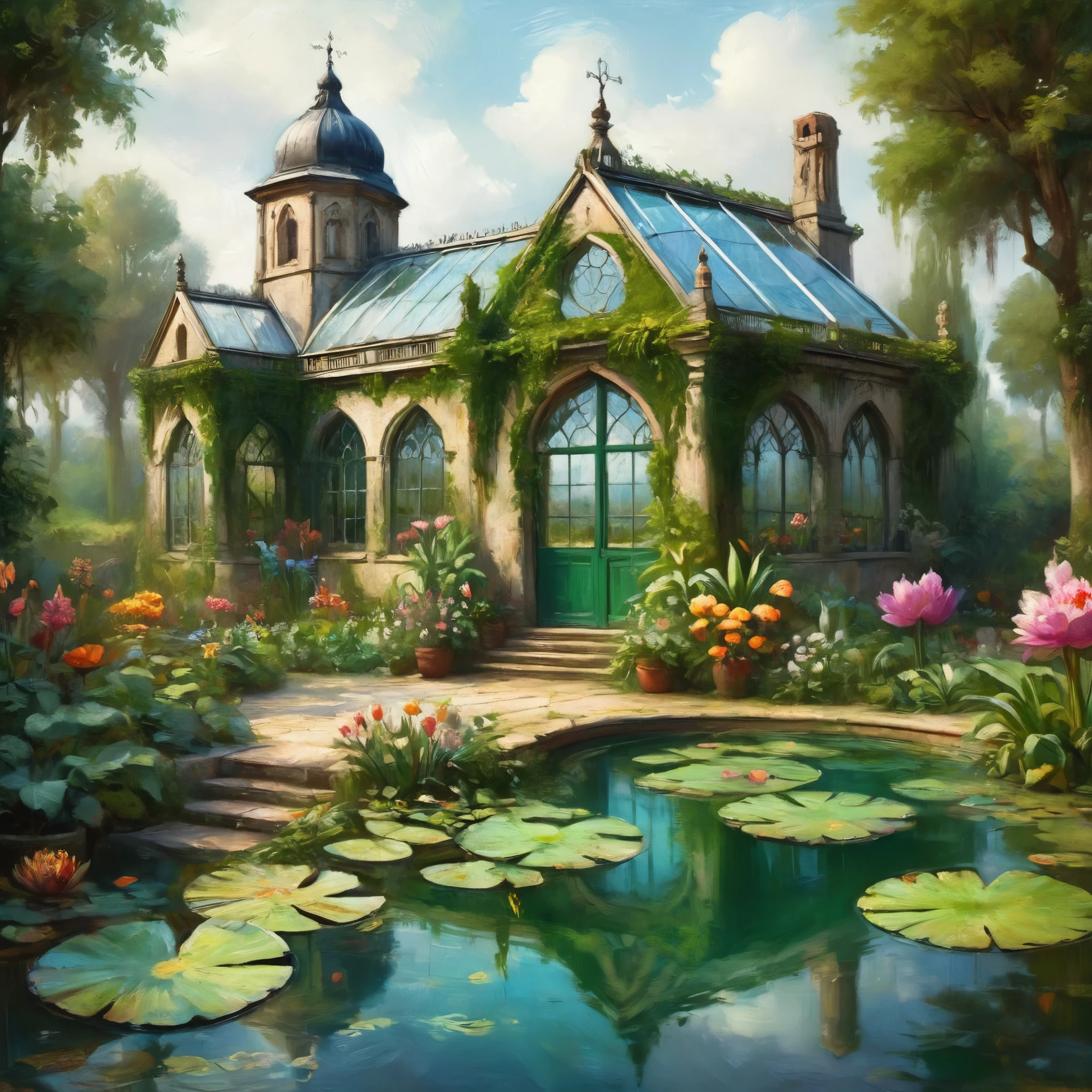 (masterpiece, highest quality), Intricate details, High quality textures, Vivid texture, Overgrown greenhouse in a fantastic medieval monastery, Exotic plants, Wild Green, Lots of colorful flowers, Glass House, Pool, water lily, Sultry atmosphere, Fantasy Settings,