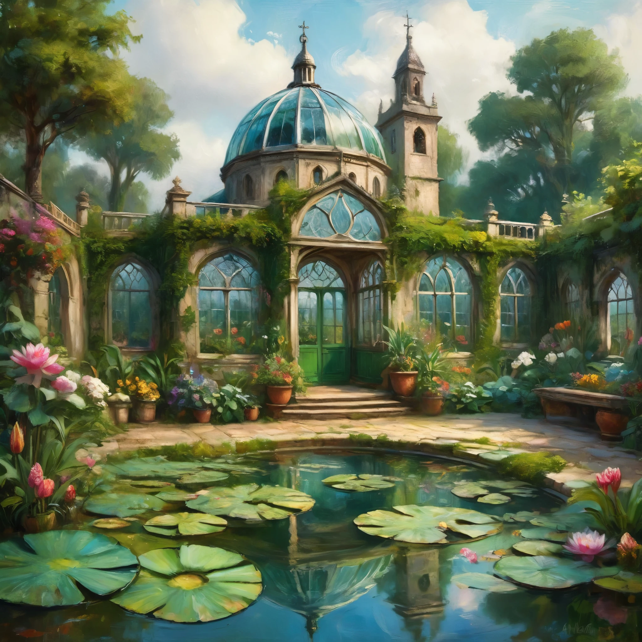 (masterpiece, highest quality), Intricate details, High quality textures, Vivid texture, Overgrown greenhouse in a fantastic medieval monastery, Exotic plants, Wild Green, Lots of colorful flowers, Glass House, Pool, water lily, Sultry atmosphere, Fantasy Settings,