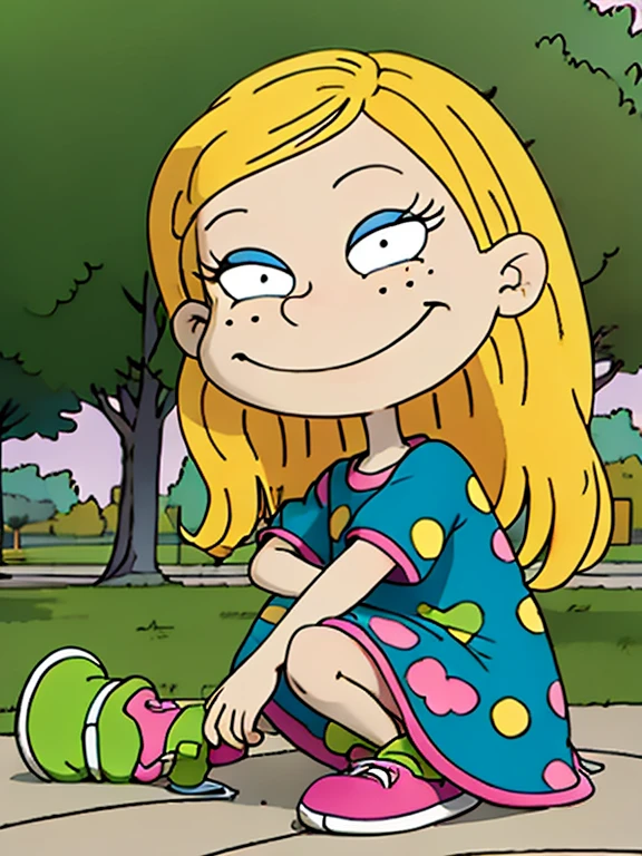 angelica pickles, one person in picture, freckles, shy, beautiful face, smiling, swimsuit, Blonde hair, two short braids, only 1 girl in frame, sitting, spread legs