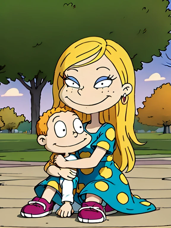 covering the forehead, freckles, blush, Beautiful face, smiling, polka dot dress, blond long hair, green shoes, 1 girl , In the park, squatting