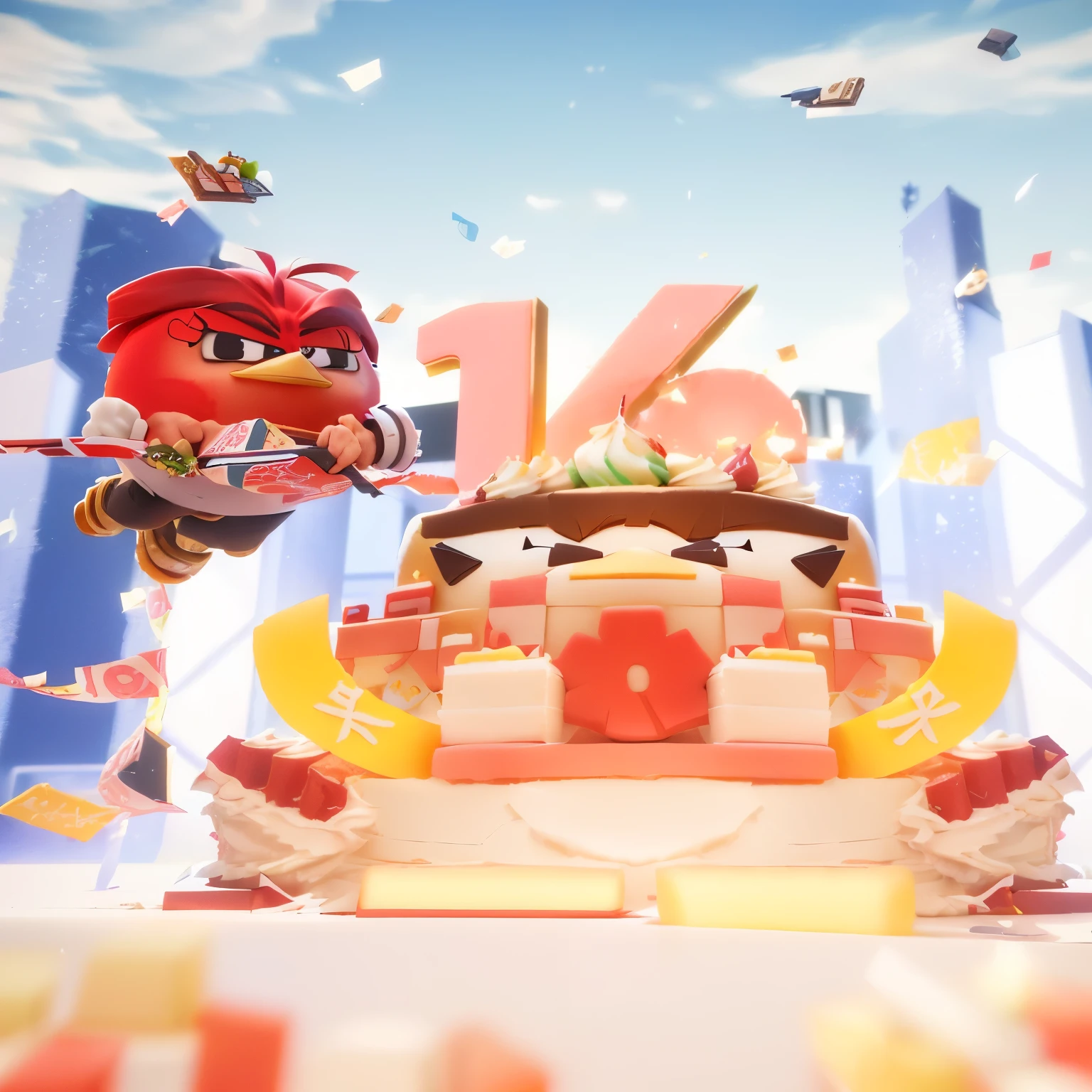 There is a cake with angry birds on it,There is a number 1 on it, 3d icons for mobile games, the greatest cake, From NCSOFT, Lovely! C4D, Detailed scenario, Popular Japanese 3D Ultra Detailed, Lovely 3 d render, Kawaii HD Rendering, 1 for February), Happy birthday, 3D Illustration, 3D Illustration