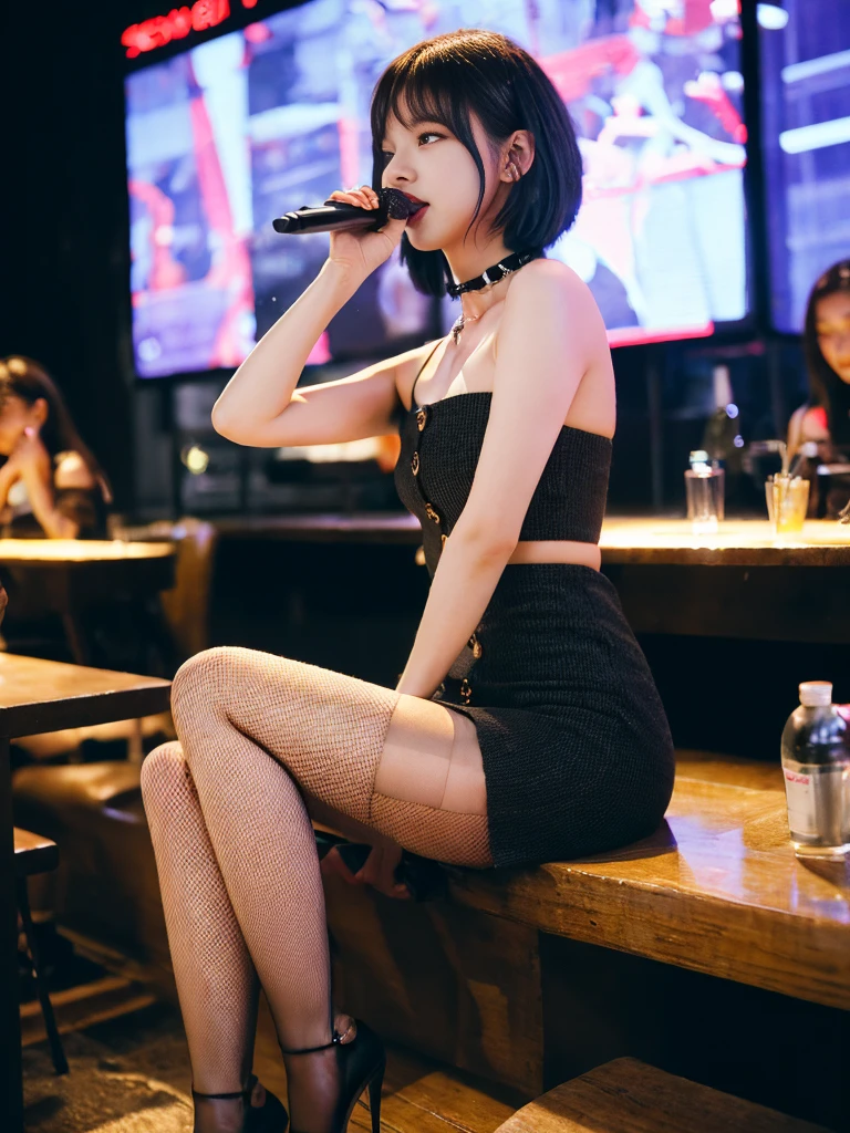 delicate,masterpiece,beautiful details,very colorful,exquisite details,delicate 입술,the details are complicated,natural D cup breasts,one woman,(Beautiful 20 year old cute Korean woman:1.2),(South Korean K-pop idols),(50mm sigma f /1.4 Zeiss lenses, f1.4, 1/800s, ISO 100, picture:1.1), (black short hair:1.5), (realistic:1.4), (spy:1.2), pantyhose under skirt, (wireless dress, christian dior\(trademark\),:1.4), earring,choker necklace,bracelet,(karaoke,Karaoke:1.1),Dark interior, Psych Lighting, (beautifulleg,(high heel : 1.3),thin,slim_leg,femur_gap,Model:1.2),lens flare,seen from the front, (beautiful smile : 0.5) , entertainment bar, leg를 교차시켜 앉은, holding a portable microphone and singing, leather sofa(to put on make up : 1.2)