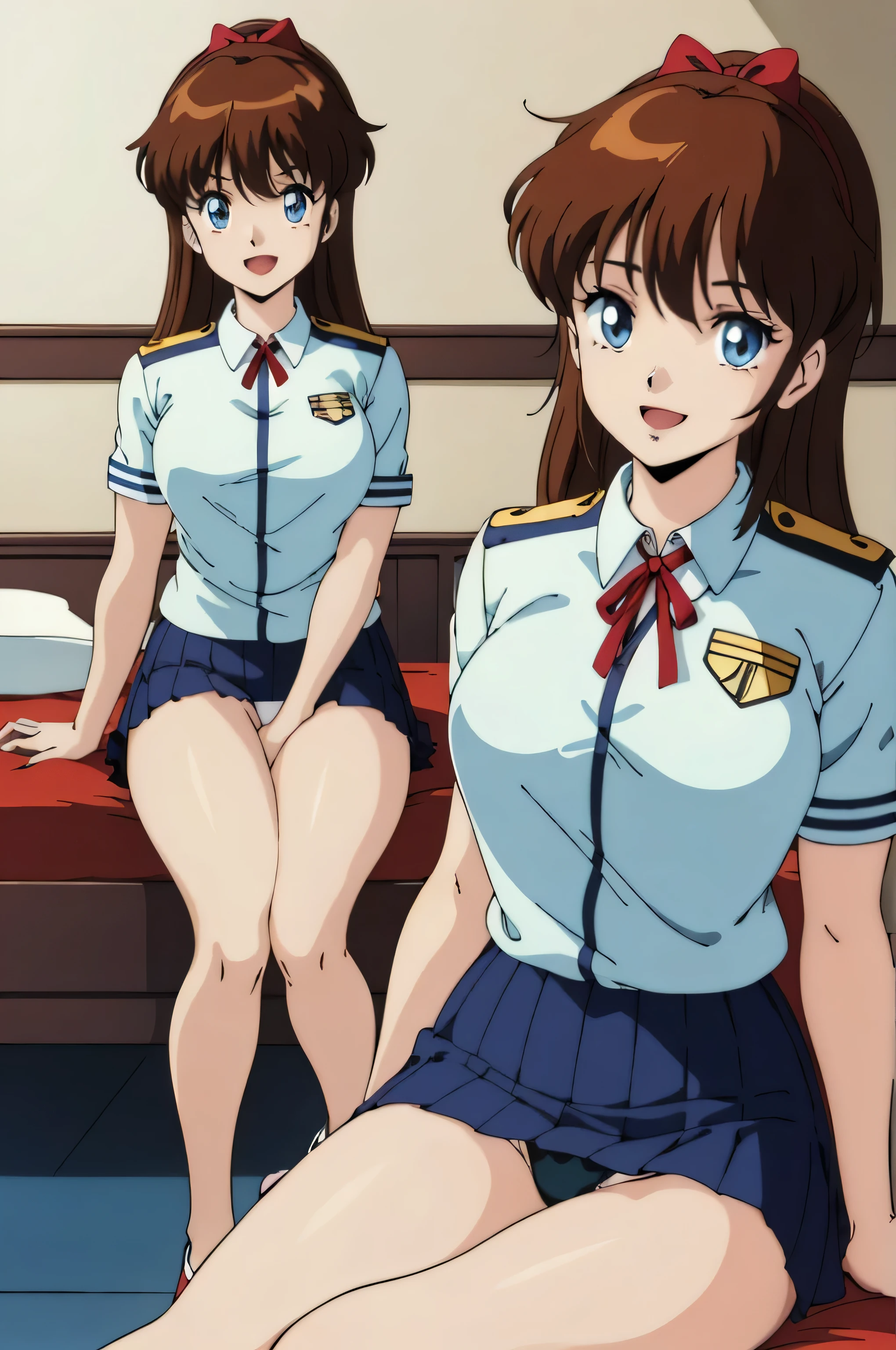 (Anime stuff, Retro art style, Clean brush strokes, Very detailed, Perfect Anatomy, Browsing Caution), Bedroom Background, (erika, 1 Girl), Eyebrows visible through hair, bangs, Dark brown hair, Long Hair, Katyusha with ribbon, (blue eyes, Beautiful and detailed:1.2), Looking at the audience, Open your mouth (smile:1.5), (Sitting, Spread your legs), (Beautiful body, smooth curve, Perfect figure), (On top of uniform), (Large Breasts:1.2, A taut shape), (Short skirts in uniform), I can see her panties:1.1, 