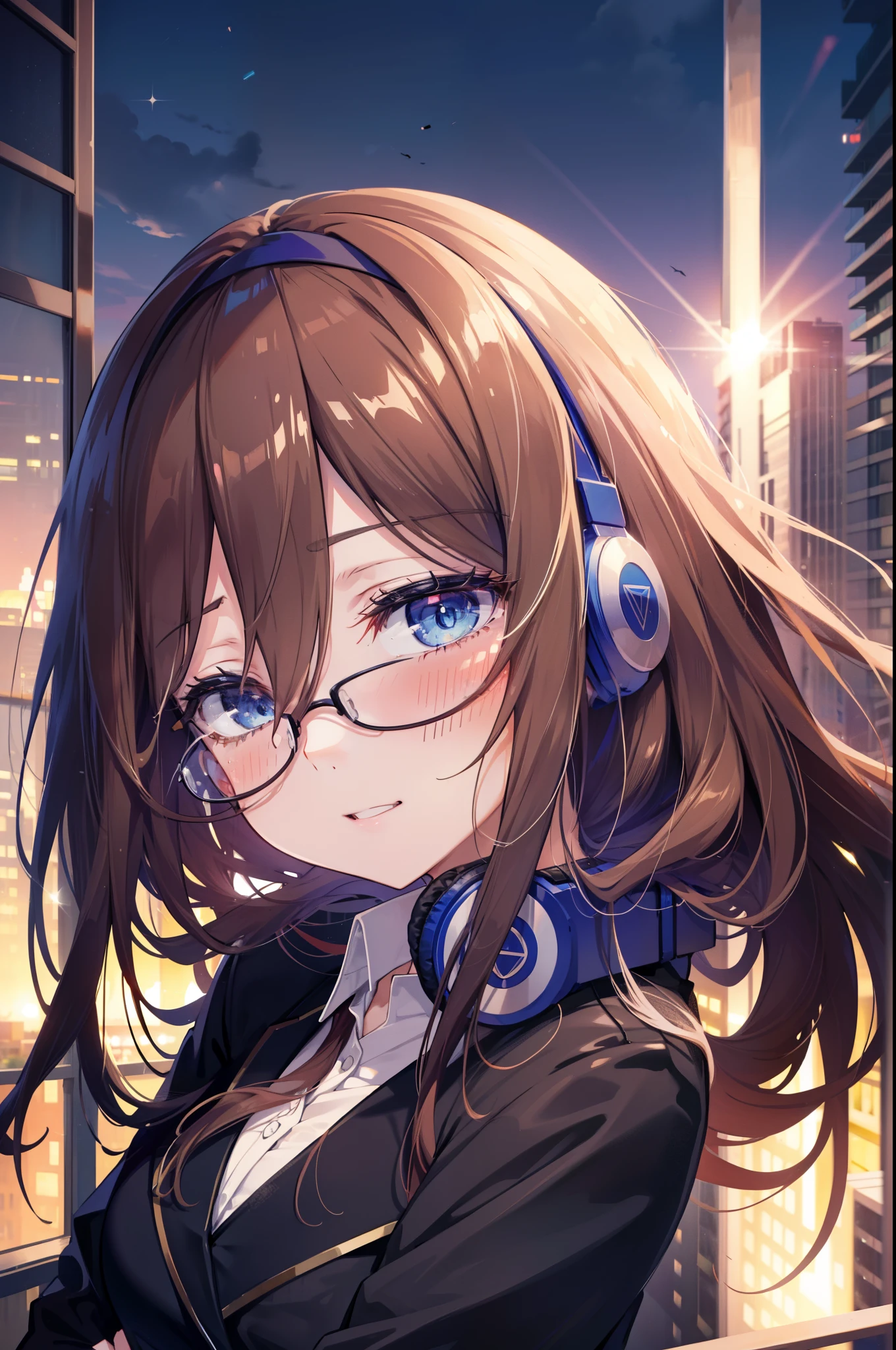 Miku Nakano, Miku Nakano, Long Hair, bangs, blue eyes, Brown Hair,,Blue Hairband ,Hair between the eyes, happy smile, smile, Open your mouth,Headphones around the neck,OL, Akagi glasses, Black suit jacket, Collared jacket, White dress shirt, Collared shirt, Neckline, button, Black pencil skirt, Black pantyhose,Stiletto heels,So that the whole body goes into the illustration,sunset,evening,The sun is setting, Looking up from below,
break outdoors, city,Building district,
break looking at viewer, (Cowboy Shot:1. 5)
break (masterpiece:1.2), highest quality, High resolution, unity 8k wallpaper, (shape:0.8), (Beautiful details:1.6), Highly detailed face, Perfect lighting, Extremely detailed CG, (Perfect hands, Perfect Anatomy),