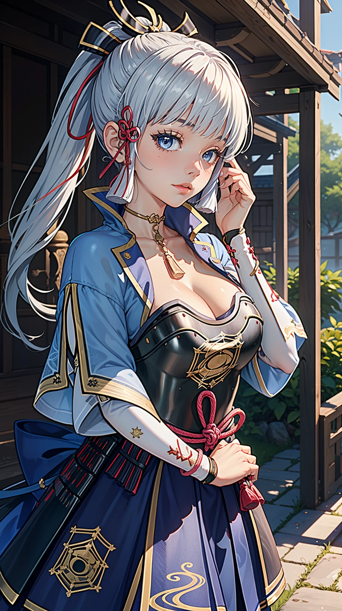 Masterpiece, ultra detail, high quality, 8k cg, huge breasts, kamisatoayakadef, blush, bright eyes, standing, slim body, narrow waist, (upper body:1.5),