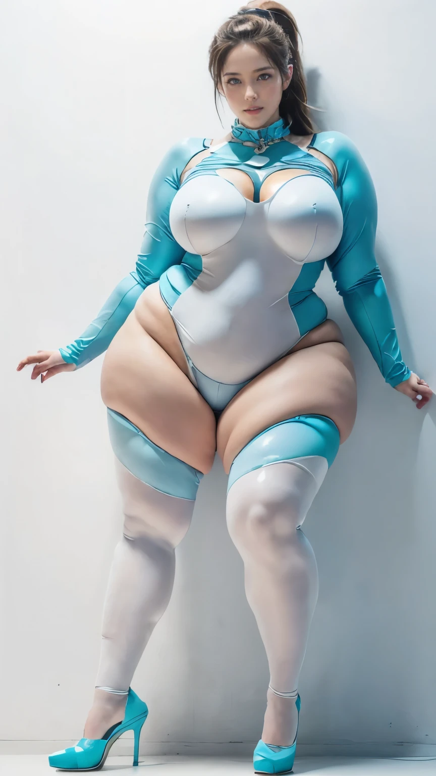 (highest quality、8k、32k、masterpiece、Ultra-high resolution:1.2、Perfect body beauty:1.2、Wearing a futuristic hero suit that glows pale blue and white:1.5、Cute 25 year old White woman、Big and ample breasts:1.5、Upper Body、front、Simple Background、Looking at the audience、Dynamic pose:1.8、sunlight、nswf:1.5 ((Light blue rubber suit)),((Huge slack)),((heavy body)),((Wide Hips)),((Thick body)),((Fat belly)),((Fat girl)),((Chubby)),((Big Size)),((White woman)),((Brown Hair)),((short hair)),((blue eyes)),((Full body portrait))、Long socks、I can't see my bare skin、High heels、Full body portrait、ponytail、Simple Background、Full body portrait、Full body portrait、High heels、Stand with your feet shoulder-width apart、One Woman、Simple white background、

