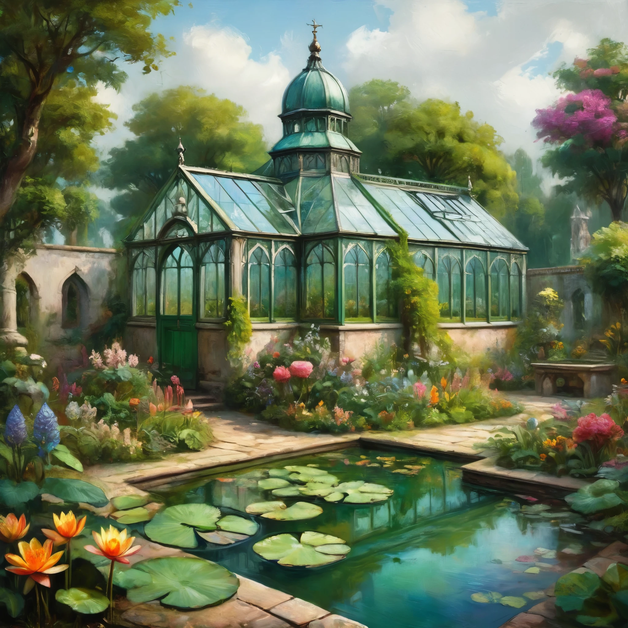 (masterpiece, highest quality), Intricate details, High quality textures, Vivid texture, Overgrown greenhouse in a fantastic medieval monastery, Exotic plants, Wild Green, Lots of colorful flowers, Glass House, Pool, water lily, Sultry atmosphere, Fantasy Settings,