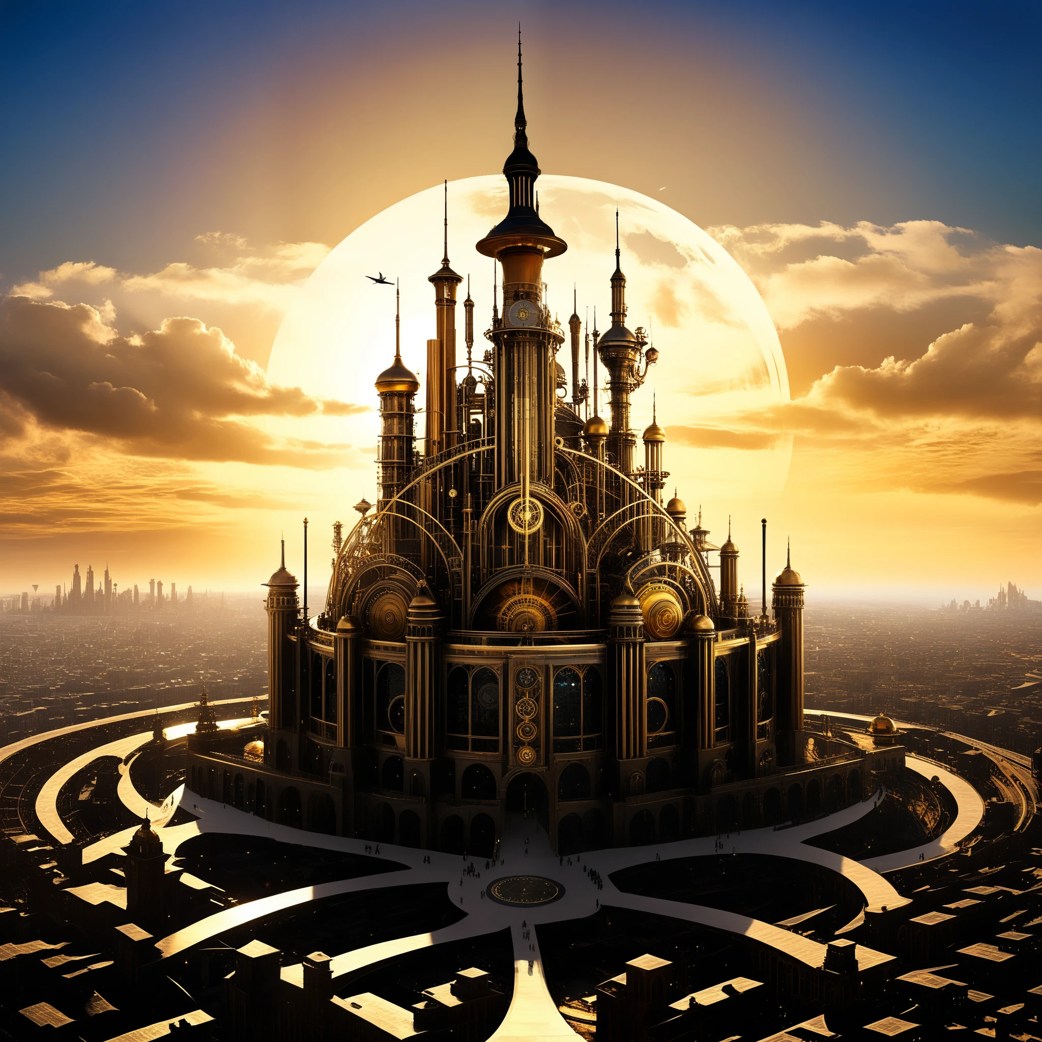 Gaze upon a city where steampunk dreams meet technological advancements, each tower a symphony of brass and invention.