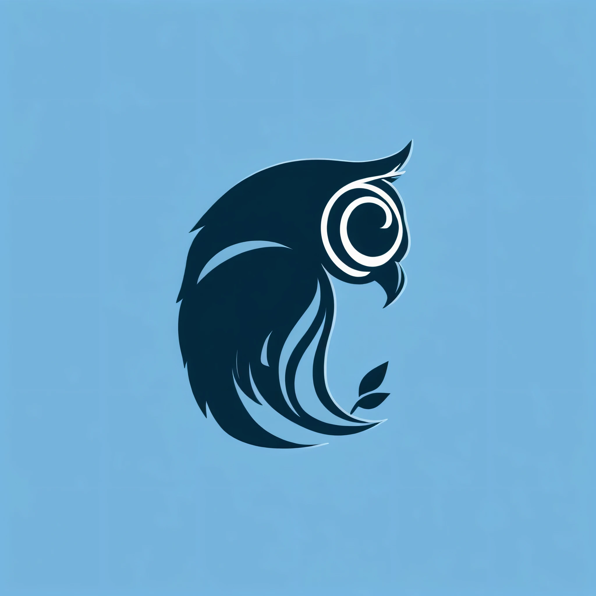a silhoutte of a logo of owl, side view, flat color, lower details, masterpiece, leaves