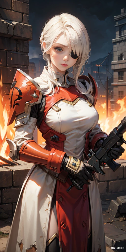 (masterpiece:1.2), (best quality:1.2), perfect eyes, perfect face, perfect lighting, 1girl, mature whsororitas with a laser rifle in her hands, scar over one eye, eyepatch, red tabard, white hair, warhammer 40k, chaos, fire, scifi, detailed ruined city background, power armor