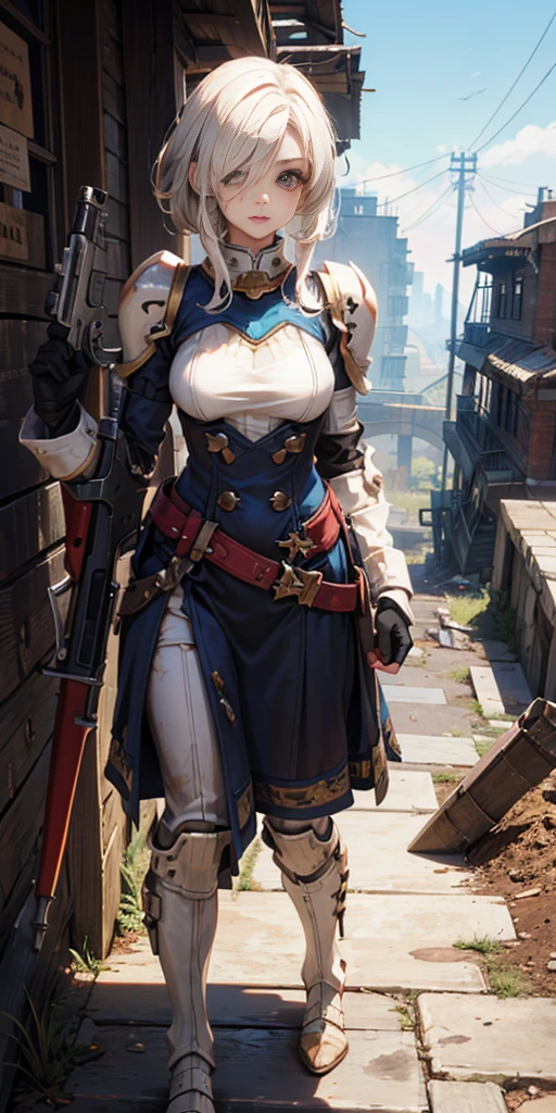 (masterpiece:1.2), (best quality:1.2), perfect eyes, perfect face, perfect lighting, 1girl, mature whsororitas with a laser rifle in her hands, scar over one eye, eyepatch, red tabard, white hair, warhammer 40k, chaos, fire, scifi, detailed ruined city background, power armor