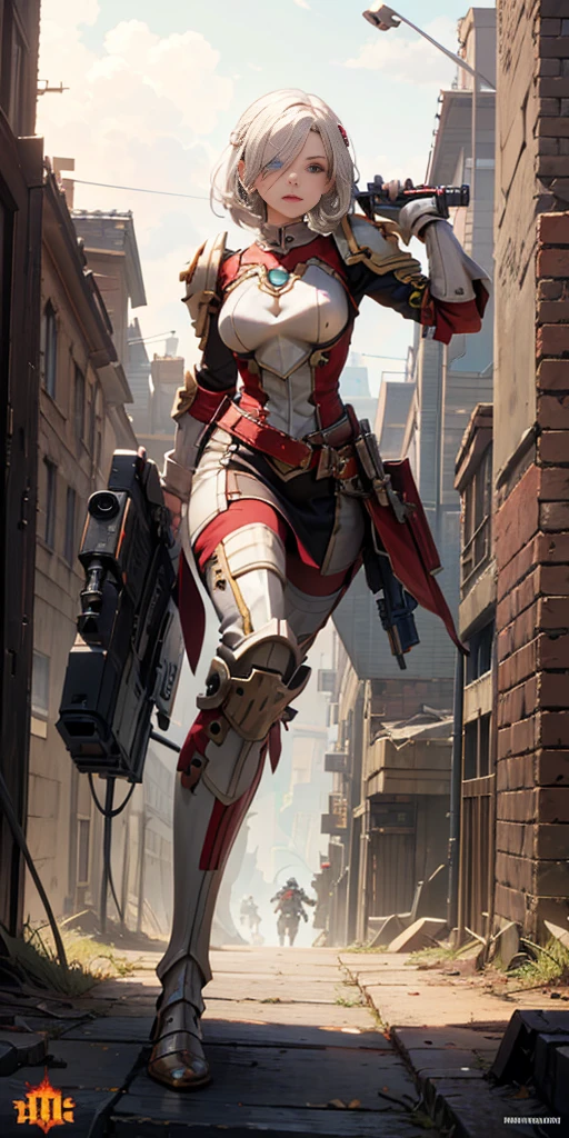 (masterpiece:1.2), (best quality:1.2), perfect eyes, perfect face, perfect lighting, 1girl, mature whsororitas with a laser rifle in her hands, scar over one eye, eyepatch, red tabard, white hair, warhammer 40k, chaos, fire, scifi, detailed ruined city background, power armor