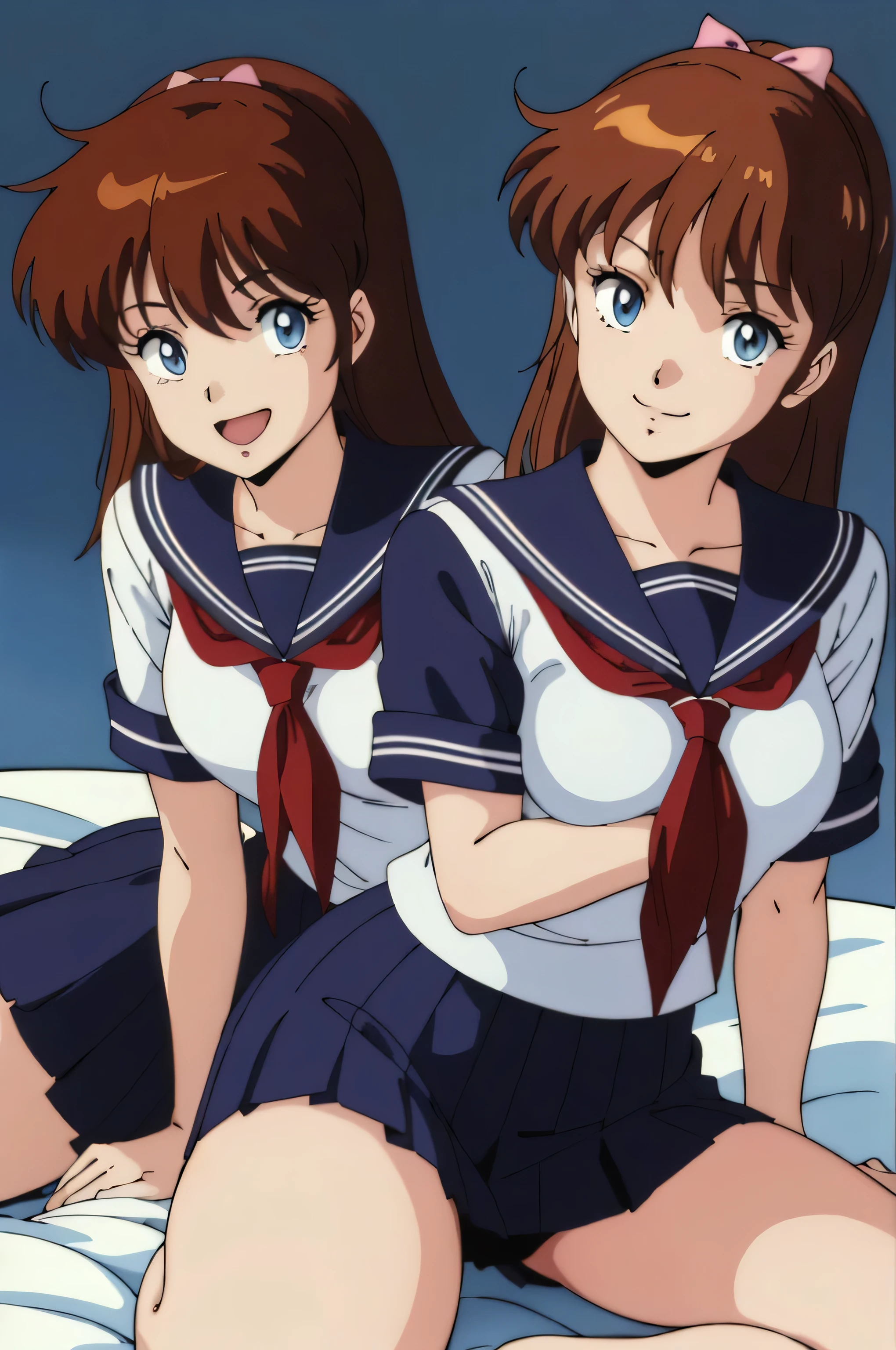 (Anime stuff, Retro art style, Clean brush strokes, Very detailed, Perfect Anatomy, Browsing Caution), Bedroom Background, (erika, 1 Girl), Eyebrows visible through hair, bangs, Dark brown hair, Long Hair, Katyusha with ribbon, (blue eyes, Beautiful and detailed:1.2), Looking at the audience, Open your mouth (smile:1.5), (Sitting, Spread your legs), (Beautiful body, smooth curve, Perfect figure), (Over the school uniform), (Large Breasts:1.2, A taut shape), (School uniform short skirt), I can see her panties:1.1,