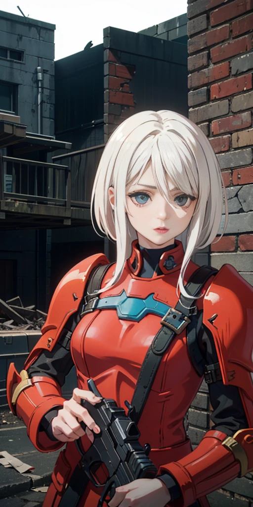 (masterpiece:1.2), (best quality:1.2), perfect eyes, perfect face, perfect lighting, 1girl, mature whsororitas with a laser rifle in her hands, scar over one eye, eyepatch, red tabard, white hair, warhammer 40k, chaos, fire, scifi, detailed ruined city background, power armor