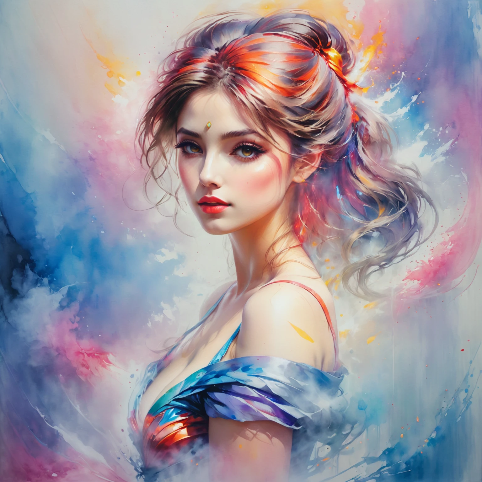 _James Jean, Floating female figure made from ribbon, smokes, in the sky, Colorful、Energetic, mysterious color, contemporary impressionism, yanjun cheng portrait painting, iridescence painting, 3/4 perspective, cute face, low angle, Sweeping and circling composition, beautiful big crystal eyes, large iris, ultra high definition, high dynamic range, 8k, (masterpiece:1. 5), (The most beautiful portraits in the world:1.5)