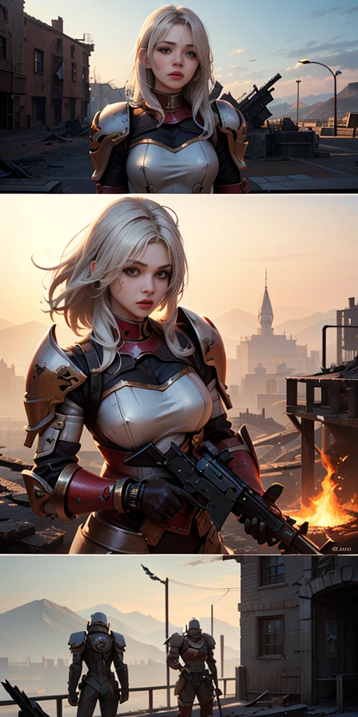 (masterpiece:1.2), (best quality:1.2), perfect eyes, perfect face, perfect lighting, 1girl, mature whsororitas with a laser rifle in her hands, scar over one eye, eyepatch, red tabard, white hair, warhammer 40k, chaos, fire, scifi, detailed ruined city background, power armor