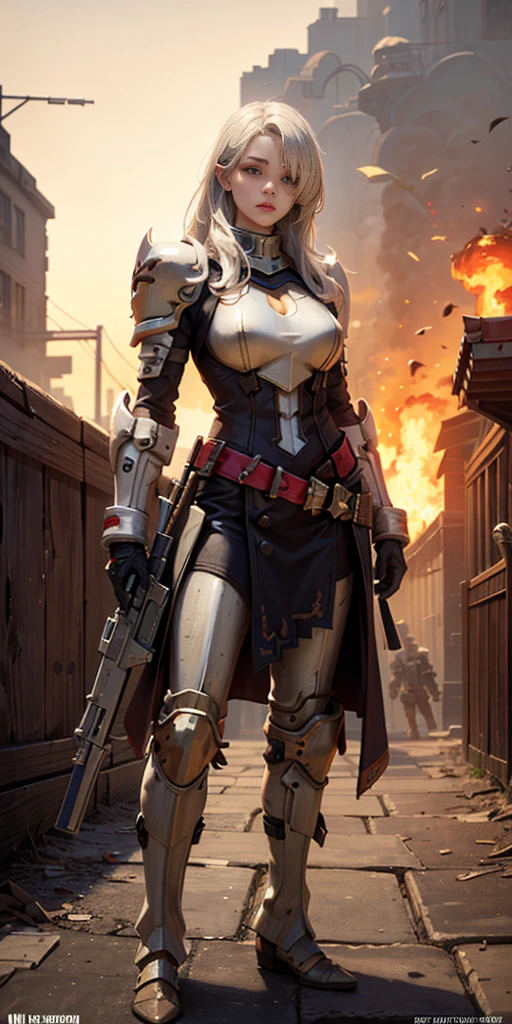 (masterpiece:1.2), (best quality:1.2), perfect eyes, perfect face, perfect lighting, 1girl, mature whsororitas with a laser rifle in her hands, scar over one eye, eyepatch, red tabard, white hair, warhammer 40k, chaos, fire, scifi, detailed ruined city background, power armor