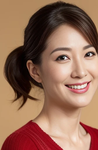 Masseter Film, highest quality, masterpiece, High resolution, realism, Original photo, 8k wallpaper, perfection, Professional Lighting, Very detailed, Written boundary depth, ((Beautiful woman)), ((Sexy 42 year old woman in red)),,  ((smile)), Detailed face, Beautiful Eyes,, bangs, A photo of your face, (sexy look), voluminous long brown hair, (Thick lips), Facing the viewer from the front,ponytail