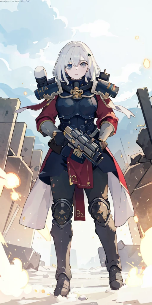 (masterpiece:1.2), (best quality:1.2), perfect eyes, perfect face, perfect lighting, 1girl, mature whsororitas with a laser rifle in her hands, scar over one eye, eyepatch, red tabard, white hair, warhammer 40k, chaos, fire, scifi, detailed ruined city background, power armor