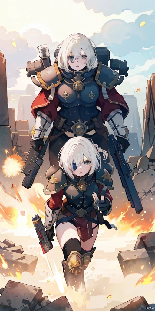 (masterpiece:1.2), (best quality:1.2), perfect eyes, perfect face, perfect lighting, 1girl, mature whsororitas with a laser rifle in her hands, scar over one eye, eyepatch, red tabard, white hair, warhammer 40k, chaos, fire, scifi, detailed ruined city background, power armor