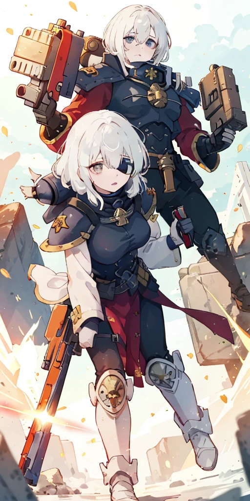 (masterpiece:1.2), (best quality:1.2), perfect eyes, perfect face, perfect lighting, 1girl, mature whsororitas with a laser rifle in her hands, scar over one eye, eyepatch, red tabard, white hair, warhammer 40k, chaos, fire, scifi, detailed ruined city background, power armor