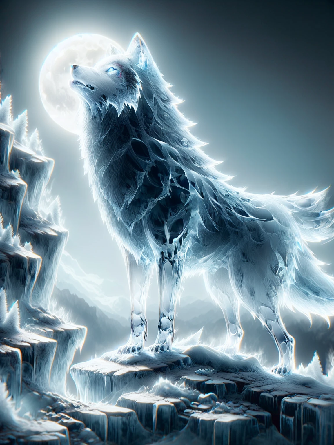 A ais-icebaby ais-ghostly wolf, standing on an ais-icebaby precipice, howling at the moon made from ais-icebaby 