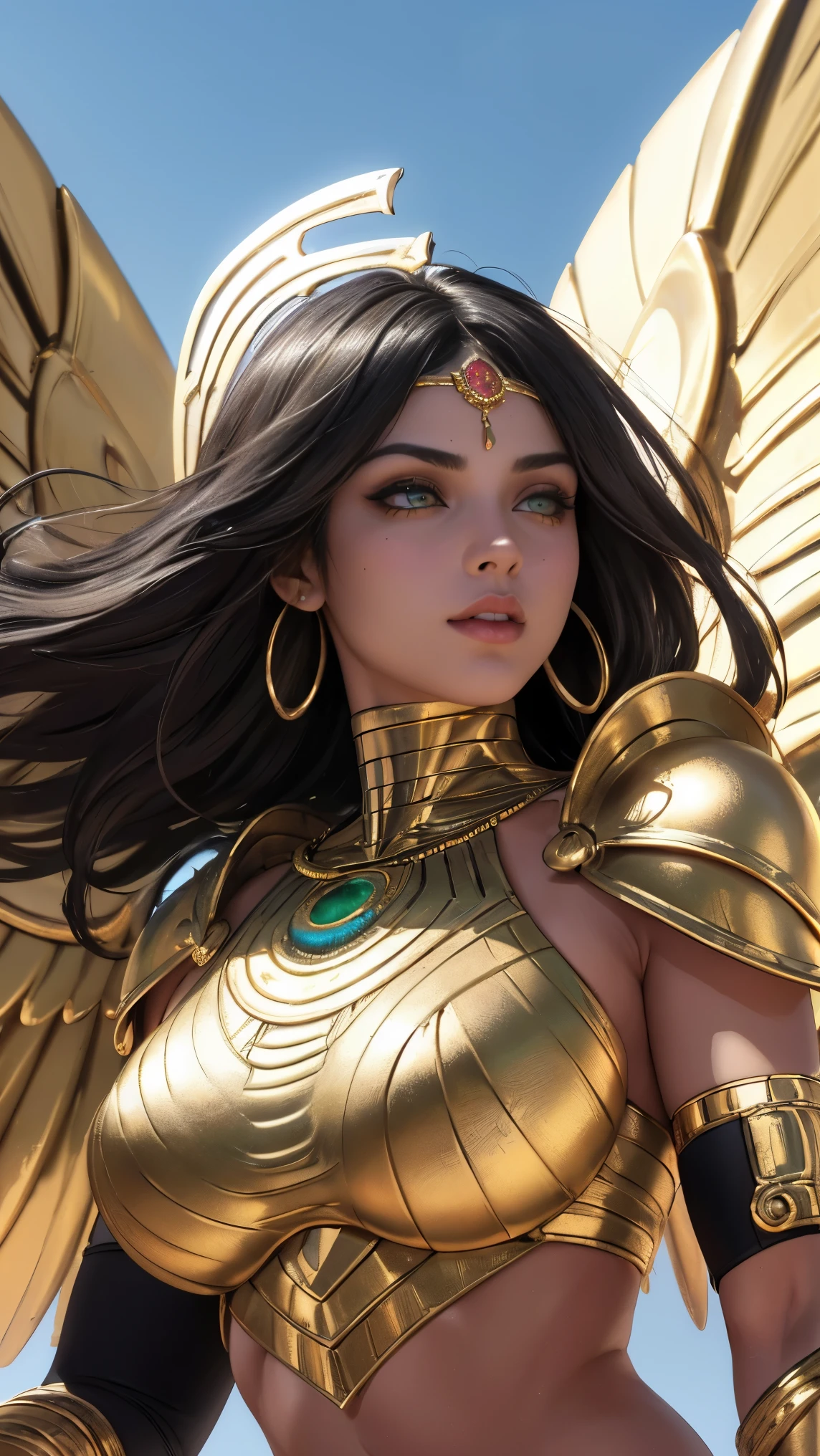 (best quality,4k,8k,highres,masterpiece:1.2),ultra-detailed,beautiful detailed eyes,beautiful detailed lips,extremely detailed eyes and face,longeyelashes,sexy Egyptian super heroine,golden jewellery,flowing dark hair,strong and muscular body,confident and powerful pose,colorful and vibrant outfit,intricate and intricate patterns,HDR,UHD,studio lighting,sharp focus,physically-based rendering,vivid colors,bokeh,ancient Egyptian art style,warm and vibrant color palette,magical golden lighting (mummy wraps) () () (hair fringe) (golden armor) (futuristic pharaoh) (golden metal wings) (the power of the sun) (green eyes) (short straight hair)