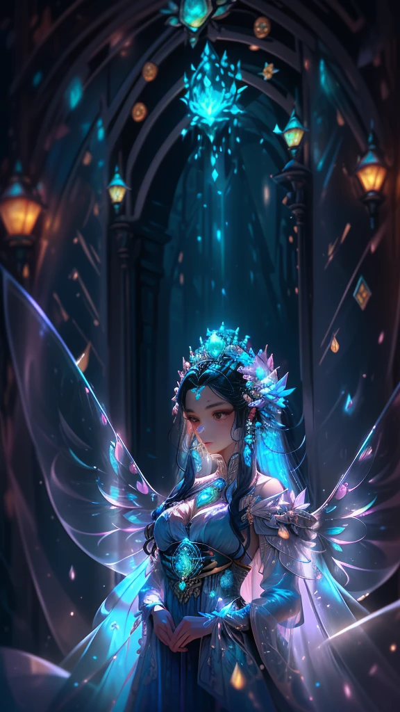 In the heart of an enchanted garden, a close-up image captures the majesty of a Female Queen, her regal countenance radiant with magic. Her ethereal wings, large and fluffy, are made of iridescent citrine stones that emit a soft, glowing light. The intricate details of each crystal are highly defined, their edges catching the sunlight and casting prismatic reflections.

Her eyes, bioluminiscent and mesmerizing, hold a mystic allure. The queen's stance is calm and confident, exuding an aura of power and tranquility. The enchanted garden in the background is alive with an assortment