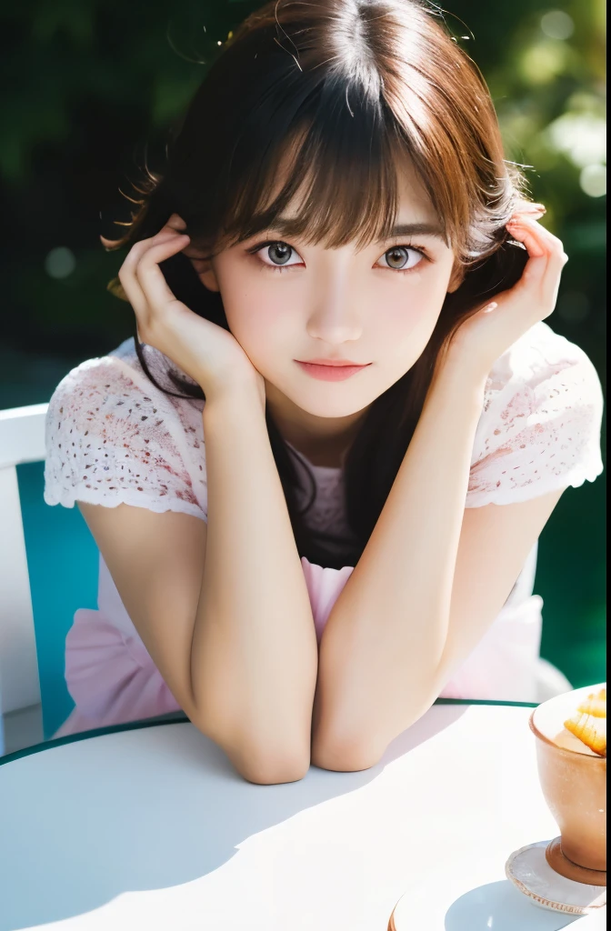 Beautiful  girl, natural light, elbow posture, table, (highest quality, table top, 8K, highest quality), white spring dress, (blouse), short hair, bangs, beautiful girl, rapt expression, light makeup, thin eyebrows, hair messed up by wind, natural makeup, (light makeup), thin eyebrows, ultra high quality, glossy skin, (glossy skin), pretty lips, (light pink) 