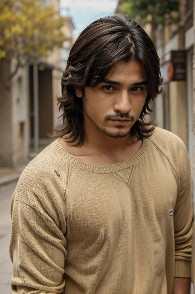 Chico lindo ,joven,cabello largo, but brown, con frequillo, ojos grandes y azules, cuerpo completo, sweater amarillo, estilo anime.