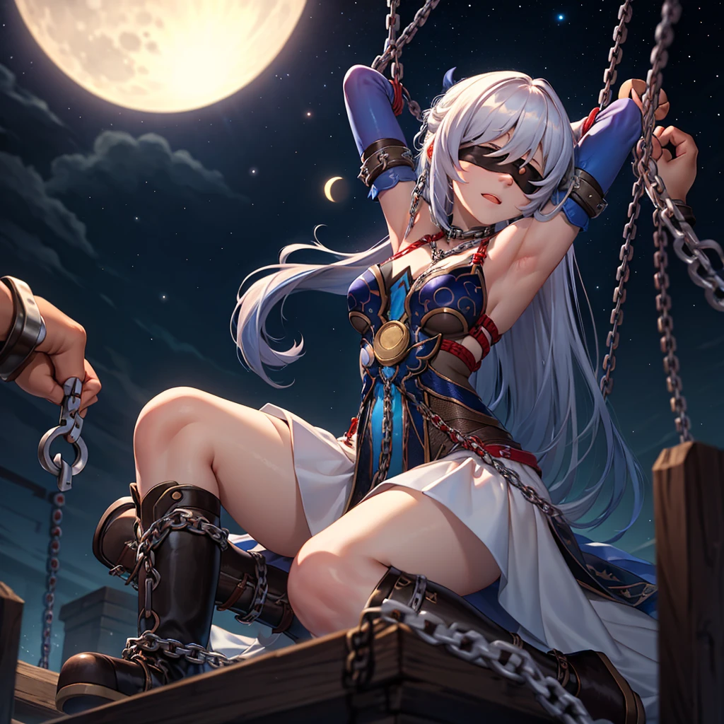 masterpiece, best quality, JingliuV5, 1girl, solo, gloves, gloves, dress, bare shoulders, closed mouth, boots, sky, black gloves, black footwear, blindfold, night sky, full moon, elbow gloves, armpits, arms up, ((chain, bound, restrained:1.3)), sitting, wariza, night, starry sky, sky, cowboy shot, view from below, far shot