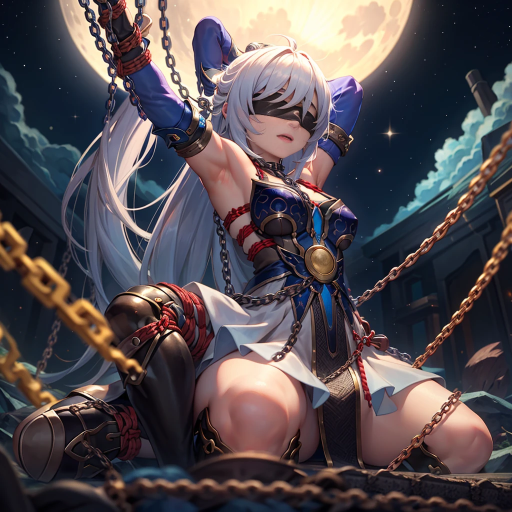 masterpiece, best quality, JingliuV5, 1girl, solo, gloves, gloves, dress, bare shoulders, closed mouth, boots, sky, black gloves, black footwear, blindfold, night sky, full moon, elbow gloves, armpits, arms up, ((chain, bound, restrained:1.3)), sitting, wariza, night, starry sky, sky, cowboy shot, view from below, far shot