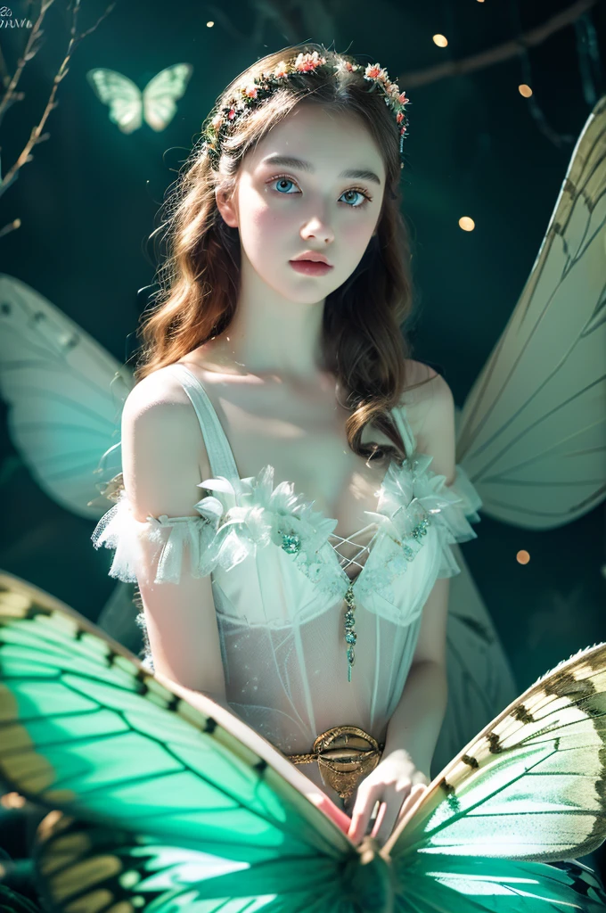 ( masterpiece, top quality, best quality,8k,17 years old girl,ultra detailed,raw photo:1.5),(photorealistic:1.4),(cinematic lighting), PerfectNwsjMajic, , Surrealism, UHD, ccurate, Super detail, textured skin, High detail, Best quality, dynamic angle, (high nose,White skin),[Beautiful blue eyes],[flat chest:large breasts:0.5],(1girl),(good anatomy:0.5)),with white butterfly wings and fluffy butterfly eyes and characters around flying in a chaotic universe and neon lights, Dreamy atmosphere,mystical aura, The background is a fairy forest
