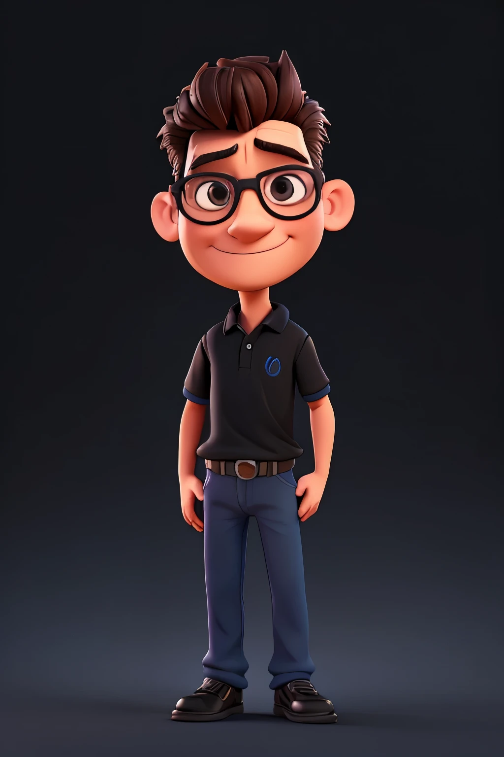 Cartoon character of a man wearing black oval glasses and a blue polo shirt, um personagem animado, Caractere estilizado, animation style rendering, 3D estilizado, Arnold Maya render, 3 d render stylized, toon render keyshot, Personagem 3D, Personagem 3D, 3d rendering stylized, 3 d character render, personagem de desenho animado, Personagem de close up, Pose de personagem, (Estilo Pixar) (master part:1.2) (Bokeh) (best quality) (pele detalhada) (textura detalhada) (8k) (argila) (Cinematic lighting) (sharp focus，Senta e vaza a parte superior do corpo