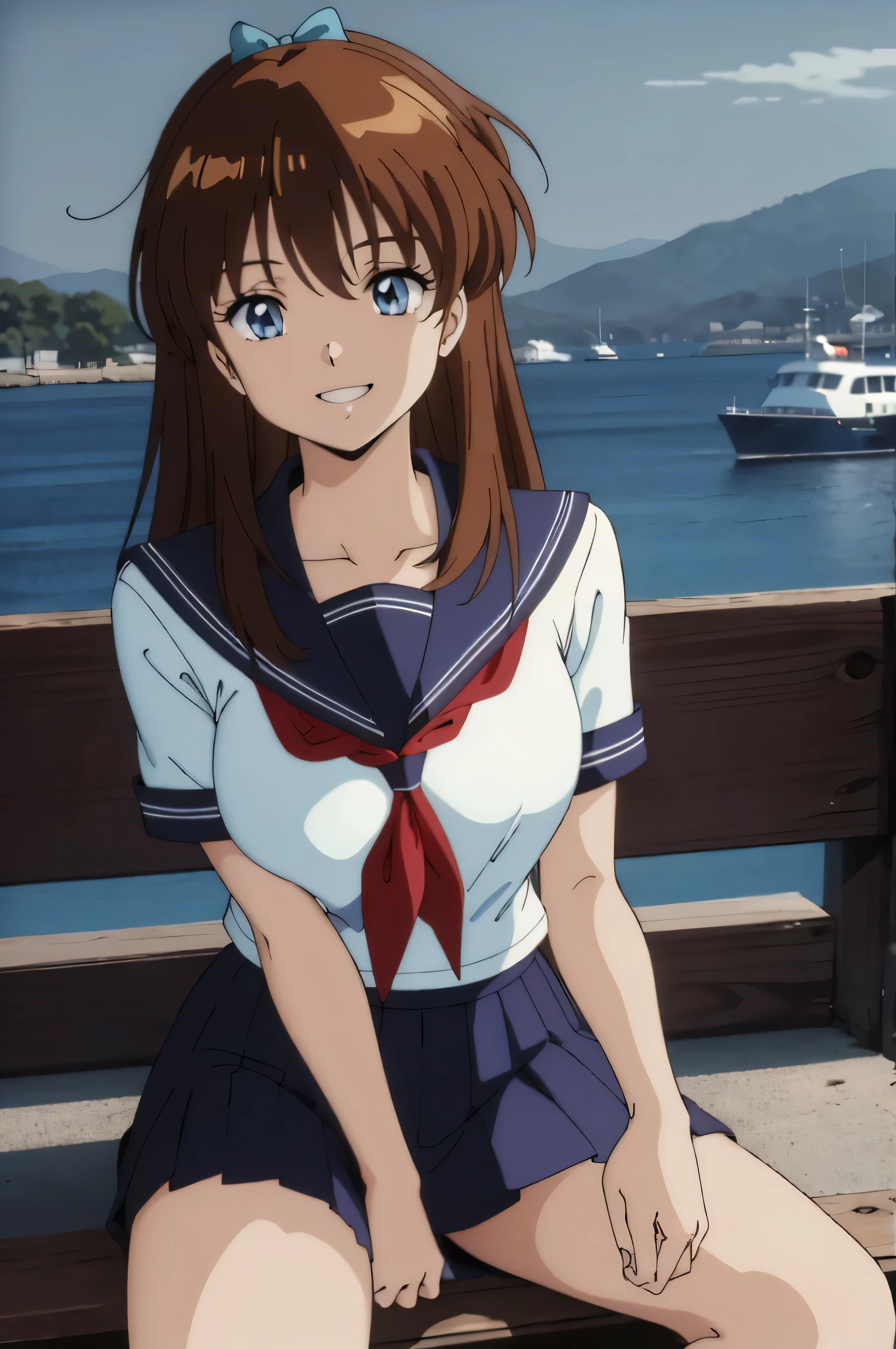 (Anime stuff, Retro art style, Clean brush strokes, Very detailed, Perfect Anatomy, Browsing Caution), Harbor background, (erika, 1 Girl), Eyebrows visible through hair, bangs, Dark brown hair, Long Hair, Katyusha with ribbon, (blue eyes, Beautiful and detailed:1.2), Looking at the audience, Open your mouth (smile:1.5), (Sitting, Spread your legs), (Beautiful body, smooth curve, Perfect figure), (Over the school uniform), (Large Breasts:1.2, A taut shape), (School uniform short skirt), I can see her panties:1.1, 