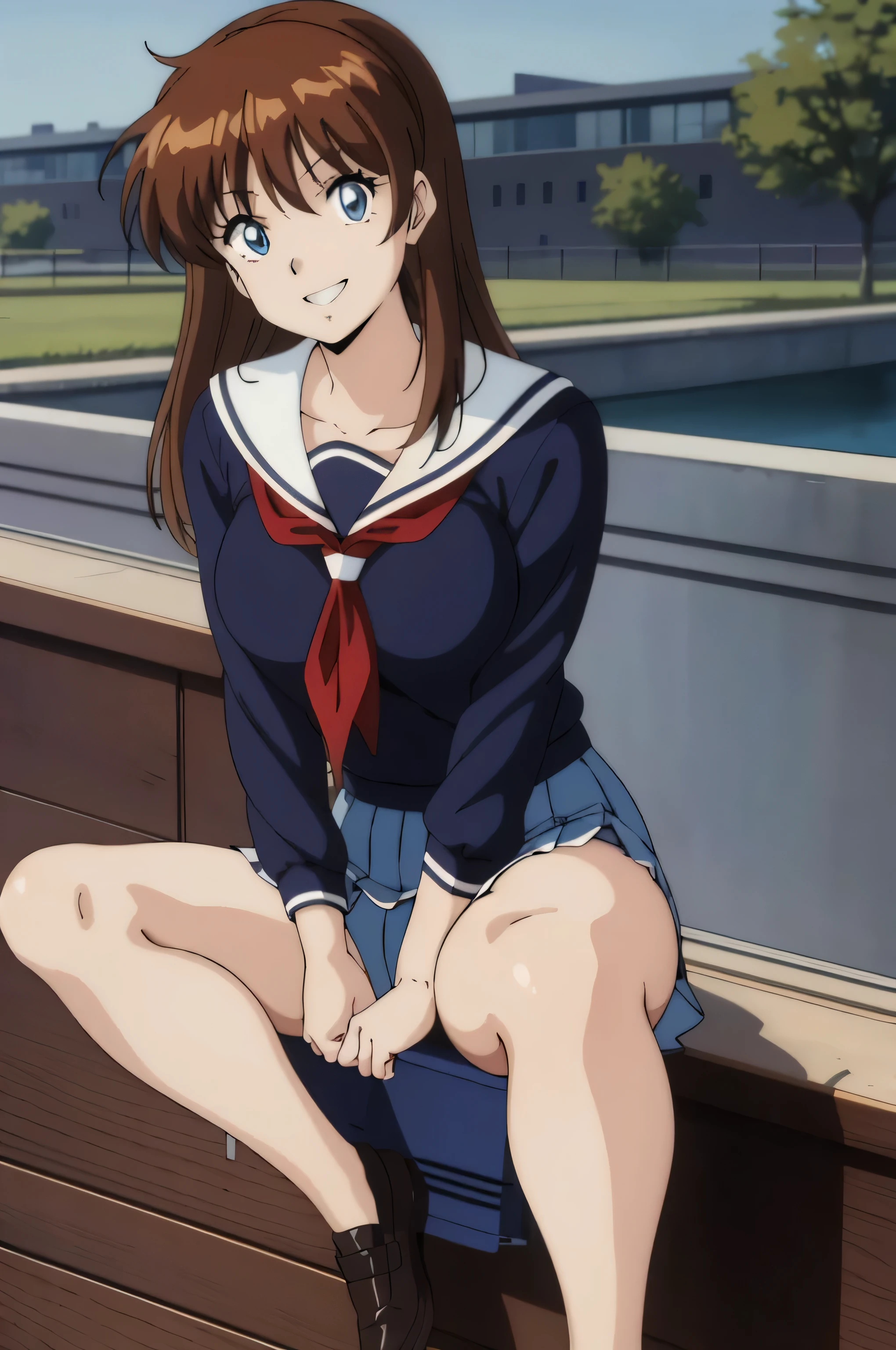 (Anime stuff, Retro art style, Clean brush strokes, Very detailed, Perfect Anatomy, Browsing Caution), Harbor background, (erika, 1 Girl), Eyebrows visible through hair, bangs, Dark brown hair, Long Hair, Katyusha with ribbon, (blue eyes, Beautiful and detailed:1.2), Looking at the audience, Open your mouth (smile:1.5), (Sitting, Spread your legs), (Beautiful body, smooth curve, Perfect figure), (Over the school uniform), (Large Breasts:1.2, A taut shape), (School uniform short skirt), I can see her panties:1.1, 