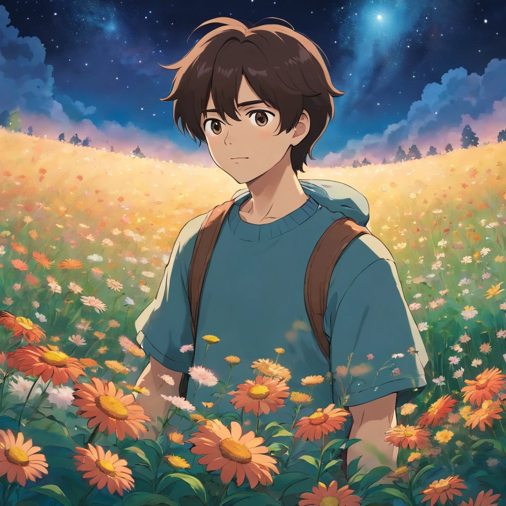 Big cute Guy, Black to brown hair, standing in a field of flowers, nightsky, misty