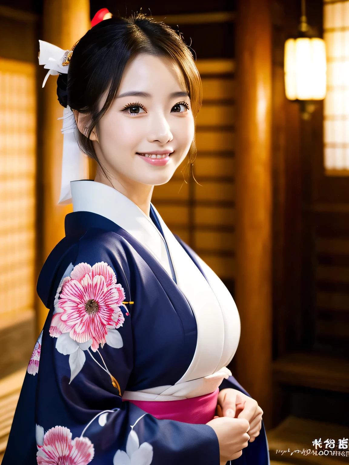 (Super beautiful woman in kimono)、((highest quality、8K masterpiece:1.3))、sharp focus:1.2、(super beautiful face:1.0)、(shiny skin:1.0)、realistic pictures、black hair、video lighting、High resolution eyes and face、video lighting、japanese actress、from the front、big breasts、with a happy smile、Slender abs beauty、whole body、wearing a kimono、in Kyoto、luxury obi、In Kyoto