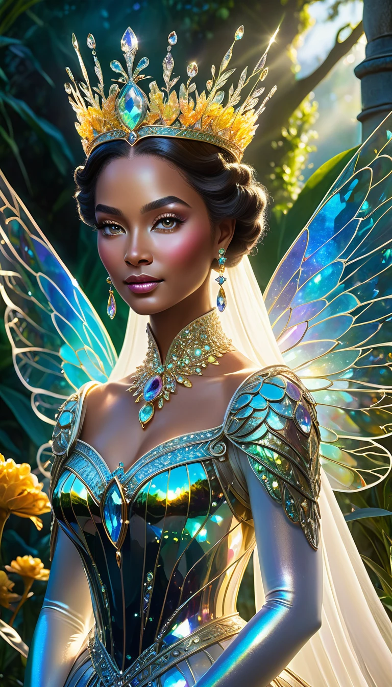 In the heart of an enchanted garden, a close-up image captures the majesty of a Female Queen, her regal countenance radiant with magic. Her ethereal wings, large and fluffy, are made of iridescent citrine stones that emit a soft, glowing light. The intricate details of each crystal are highly defined, their edges catching the sunlight and casting prismatic reflections.

Her eyes, bioluminiscent and mesmerizing, hold a mystic allure. The queen's stance is calm and confident, exuding an aura of power and tranquility. The enchanted garden in the background is alive with an assortment