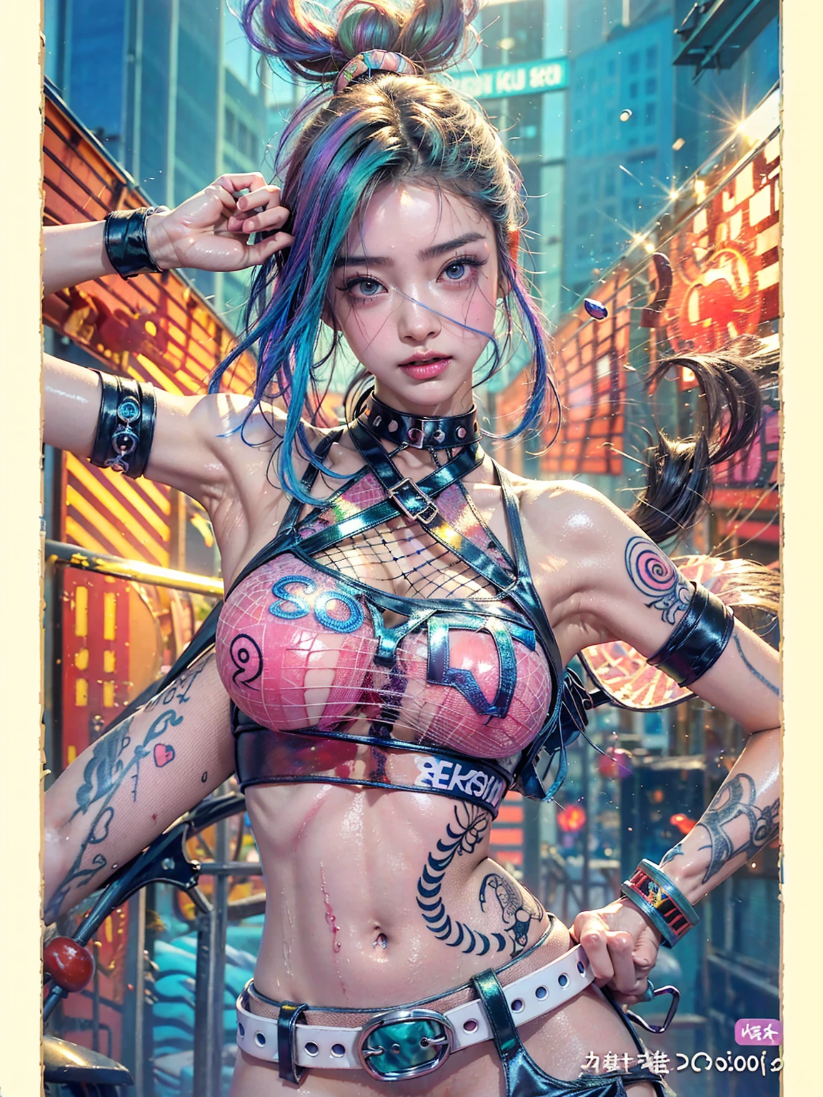 highest quality、surreal、perfect anatomy、crowded downtown area、Wet and shiny white skin、model body shape、micro bikini、Sweat dripping all over the body、rainbow hair、Super small face、blush、Ahegao、Natural lighting、Surrounded by spectators、Crowd、Photo session、Cleavage、Cyberpunk City、Neon lights、Japanese sword、tattoo、paint、