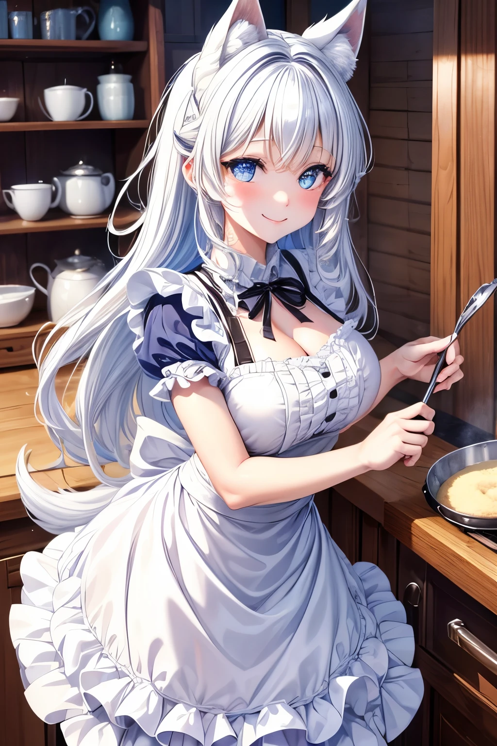 best quality, super fine, 16k, incredibly absurdres, extremely detailed, cute white wolf beast girl, big ears, iridescent blue big round eyes, smile, shy, wearing cute frilly dress with white frills, cooking in an apron, big black ribbon at waist, background log cabin fairytale kitchen