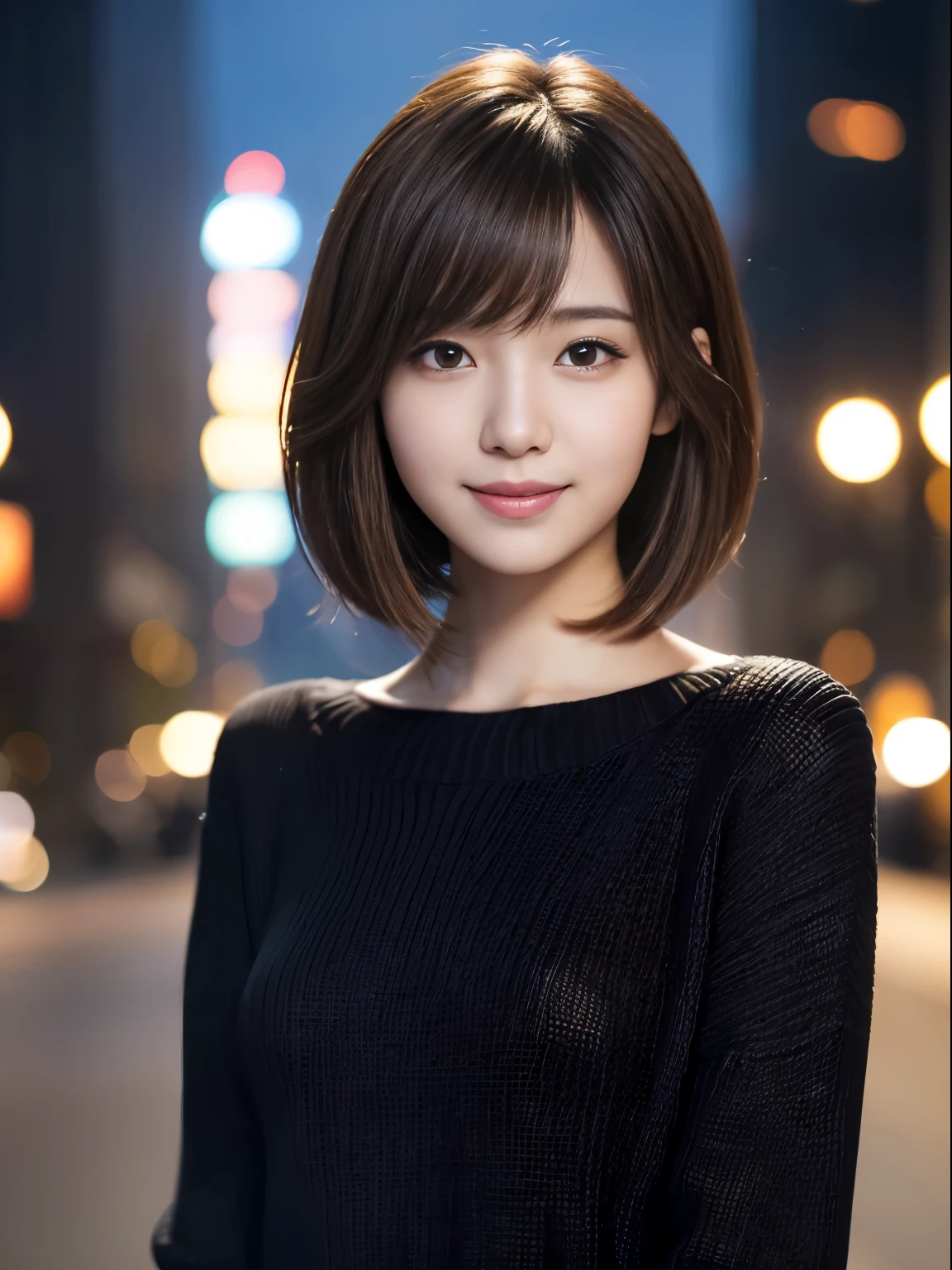 One Japanese idol, (Realistic, highest quality), (Realistic, Photorealistic:1.4), short hair, Must-Bring, Very elegant and beautiful, Very detailed, 8k wallpaper, Amazing, Very detailed CG Unity, High resolution, Soft Light, Beautiful details, 19 years old, Very detailed目と顔, Beautifully detailed nose, Beautiful fine details, Cinema Lighting, City lights at night, Perfect Anatomy, Narrow Face, Slender body, (smile), (Hair mess, Asymmetrical bangs, Light brown hair), (Black sweater:1.4), 