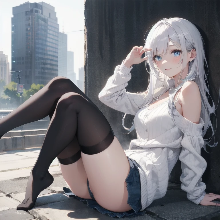 (Masterpiece, Best quality, ultra high resolution), 1 girl, Silver hair, Pale skin, Beautiful detailed face, Detailed eyes, posing on a, On a white background, Dynamic lighting, dynamic shadowing, looking at viewer, White stone punk fashion,(Posing for a photo),((White clothes)), (((black thigh highs))), jean shorts, skirt, white sweater, ((Blue eyes)), happy, smiling, black straps, black strap design, ((Long white hair)), energetic, cheerful, cityscape background