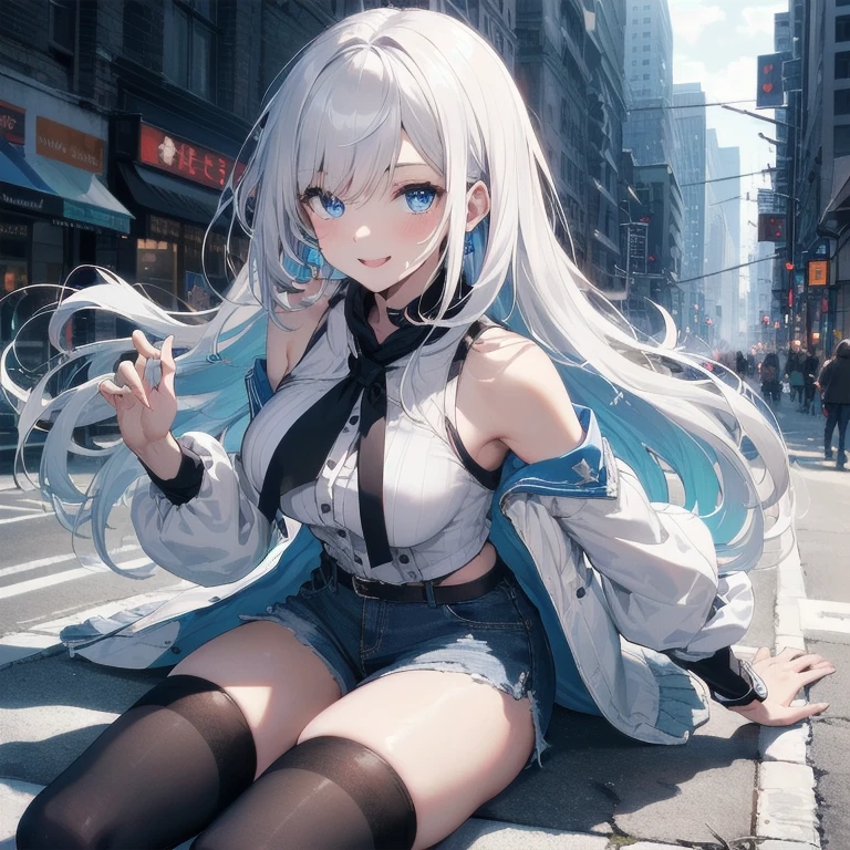 (Masterpiece, Best quality, ultra high resolution), 1 girl, Silver hair, Pale skin, Beautiful detailed face, Detailed eyes, posing on a, On a white background, Dynamic lighting, dynamic shadowing, looking at viewer, White stone punk fashion,(Posing for a photo),((White clothes)), (((black thigh highs))), jean shorts, skirt, white sweater, ((Blue eyes)), happy, smiling, black straps, black strap design, ((Long white hair)), energetic, cheerful, cityscape background