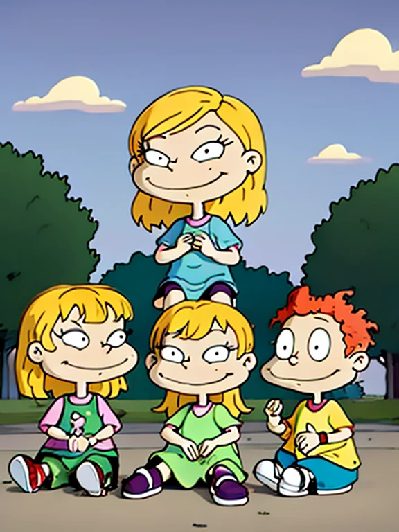 angelica pickles, covering the forehead, freckles, blush, Beautiful face, smiling, polka dot dress, blond long hair, green shoes, 1 girl , In the park, squatting 