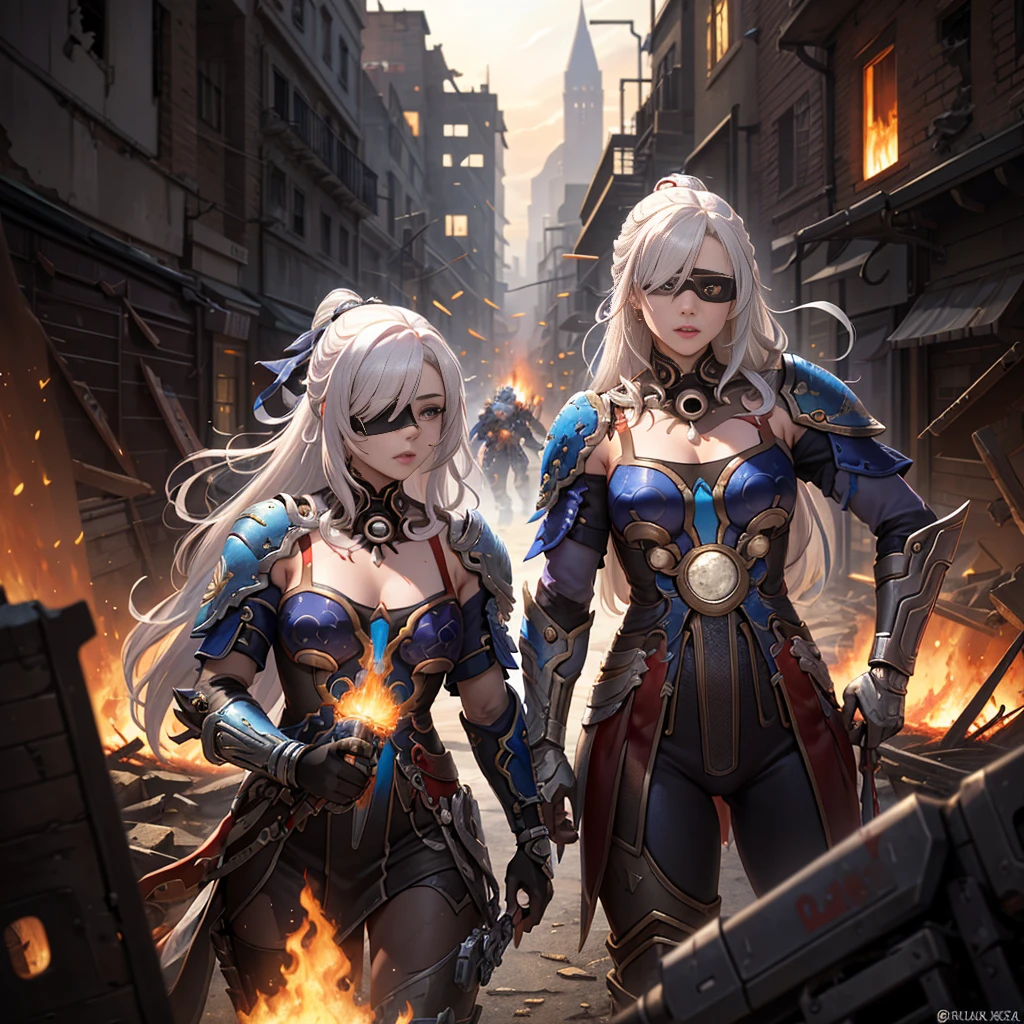 (masterpiece:1.2), (best quality:1.2), perfect eyes, perfect face, perfect lighting, 1girl, mature whsororitas with a laser rifle in her hands, scar over one eye, eyepatch, red tabard, white hair, warhammer 40k, chaos, fire, scifi, detailed ruined city background, power armor