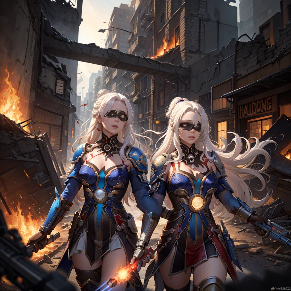 (masterpiece:1.2), (best quality:1.2), perfect eyes, perfect face, perfect lighting, 1girl, mature whsororitas with a laser rifle in her hands, scar over one eye, eyepatch, red tabard, white hair, warhammer 40k, chaos, fire, scifi, detailed ruined city background, power armor