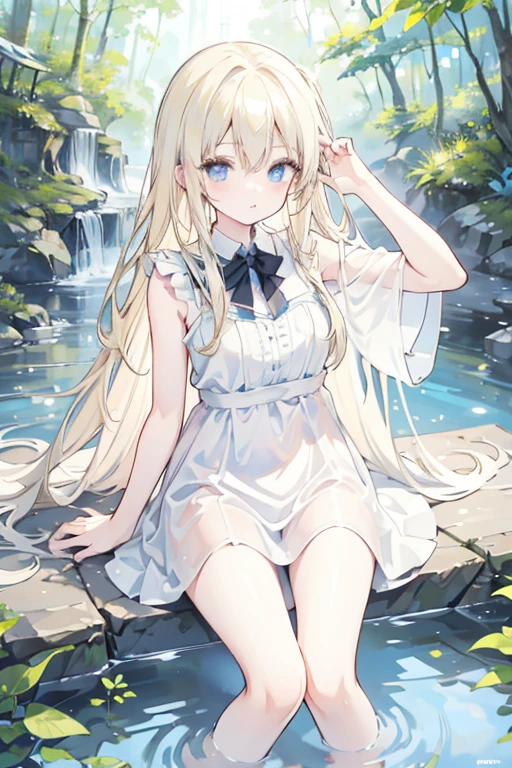 One blonde girl, Long Hair, blue eyes, forest, stream, Bathing, The white dress becomes transparent in the water, Black underwear