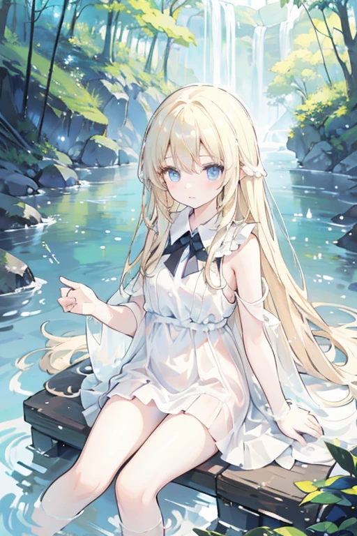 One blonde girl, Long Hair, blue eyes, forest, stream, Bathing, The white dress becomes transparent in the water, Black underwear